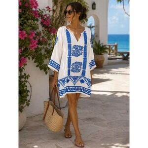 SOLITAIRE Swim Boho V-Neck, Embroidered Vacation Resortwear Swim Cover-Up Size M